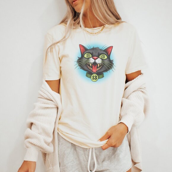 Black cat number 13 tee spooky cartoon graphic with glowing eyes design - Picture 3 of 7